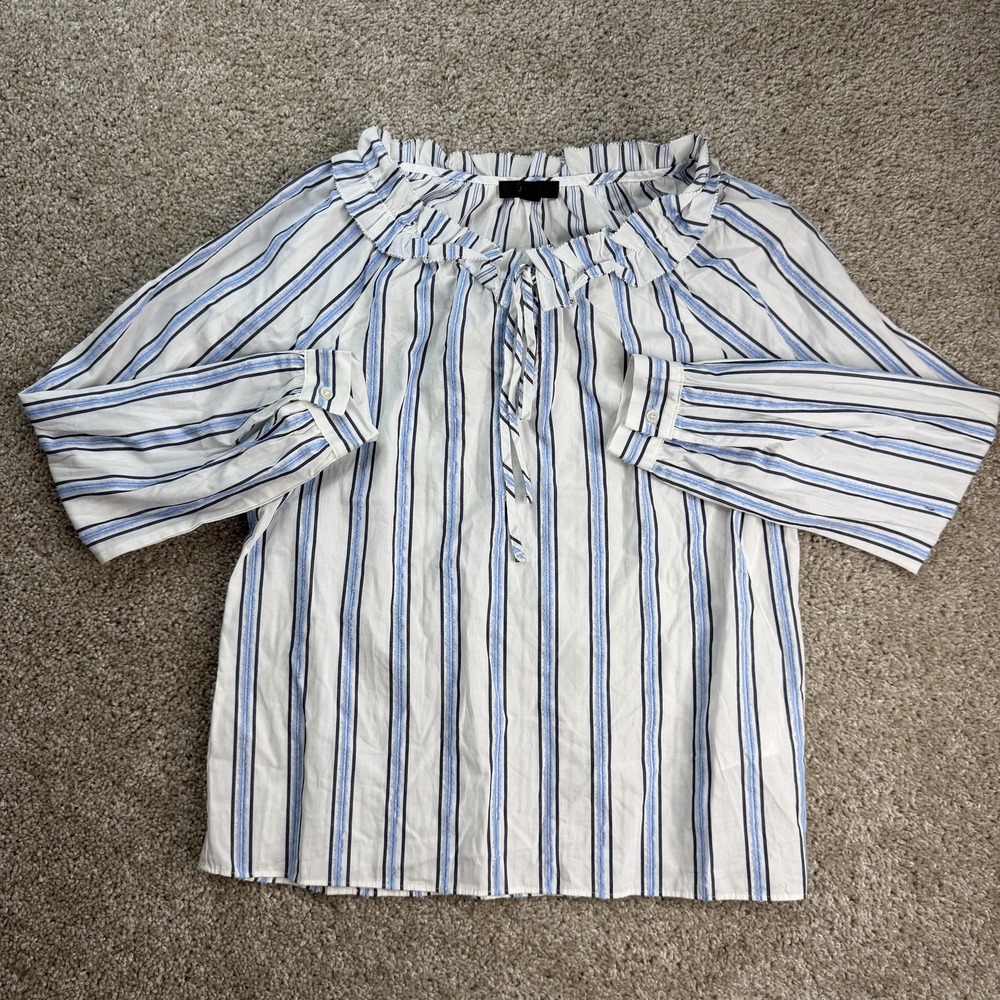 J Crew Striped Ruffle Neck Peasant Blouse Womens XXS Blue Cotton 3/4 Sleeve